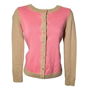 Talbots Pink & Tan Colorblock Cardigan Sweater Pure Italian Merino Wool Size M